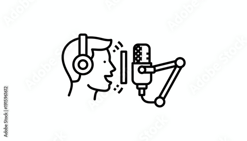 Podcaster Speaking into Microphone with Headphones, Voice Recording Studio Icon