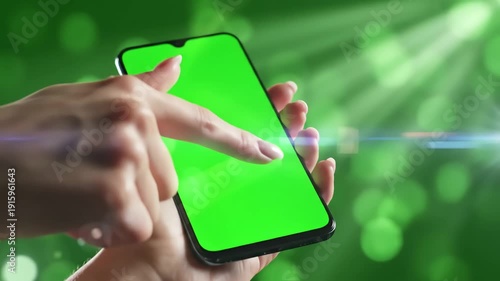 Green Screen young female hand touch smartphone with on background scene 4 distortion, overlay, glitch, static noise, scan lines black background, 4k animated video loop