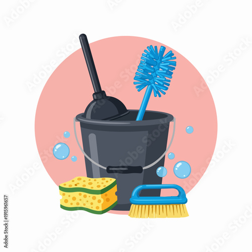 Cleaning supplies including a bucket plunger toilet brush and scrub brush.