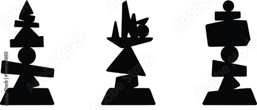 Minimalist set of three black and white geometric abstract rock balance sculptures with stacked circles triangles and rectangles for modern zen art decor vector