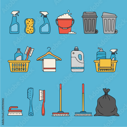 Collection of cleaning supplies and tools for household chores.
