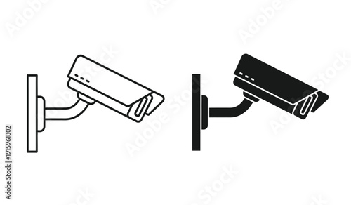 Two security cameras in black and white line art style
