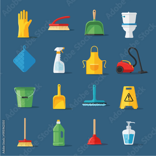 Collection of cleaning supplies and tools for home hygiene.