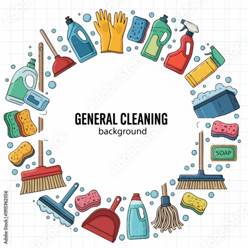 General Cleaning Supplies Arranged in a Circle.