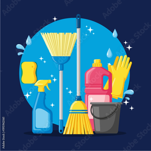 Cleaning supplies including broom mop bucket gloves and spray bottle.