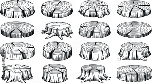 Hand Drawn Tree Stump and Wood Log Cross Section Set with Engraved Vintage Style Illustration