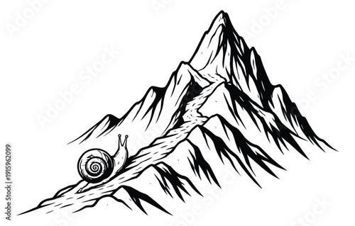 Hand drawn line art illustration of a snail climbing a mountain depicting perseverance and determination for overcoming challenges