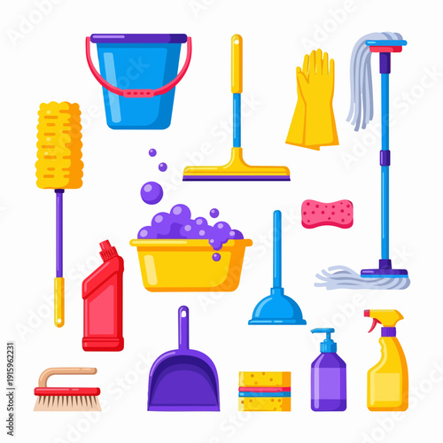 Collection of cleaning supplies and tools for household chores.