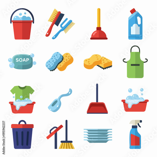 Collection of cleaning supplies and tools for household chores.