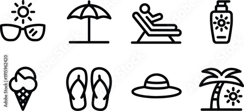 Summer vacation linear icons set, sunglasses, beach umbrella, sunbed, sun lotion, ice cream and seaside travel symbols in thin line style.