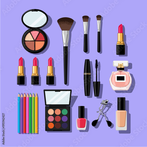 Collection of makeup and beauty products arranged on a purple background.