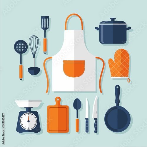 Collection of kitchen utensils and cooking equipment.