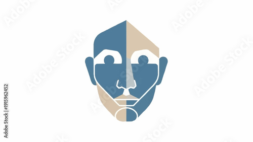 Geometric face illustration in blue tones.