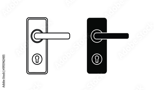 Black and white illustration of door handles with keyholes on rectangular plates side by side