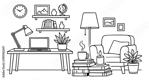 Hand drawn line art interior elements set featuring a desk with laptop, books, armchair, and plants for a cozy home office