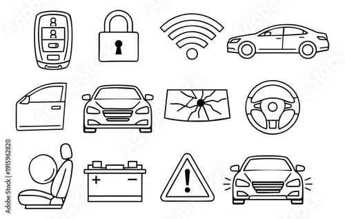 Hand drawn line art automotive icons set featuring car parts, safety symbols, and security elements for vehicle maintenance