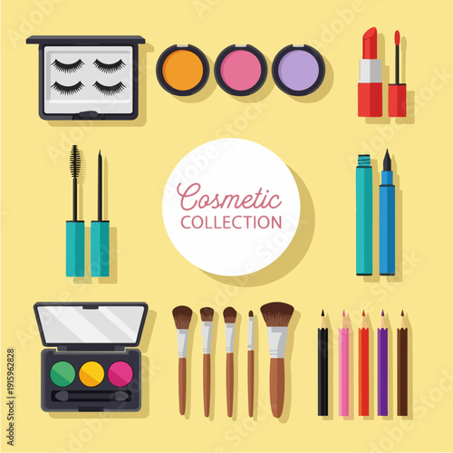 Collection of colorful makeup and cosmetic products arranged neatly.