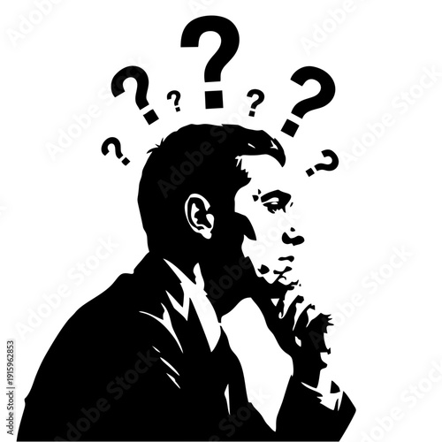 Man contemplating with query marks surrounding head profile illustration