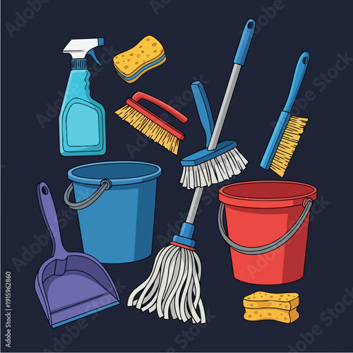 Collection of cleaning supplies and tools for home hygiene.