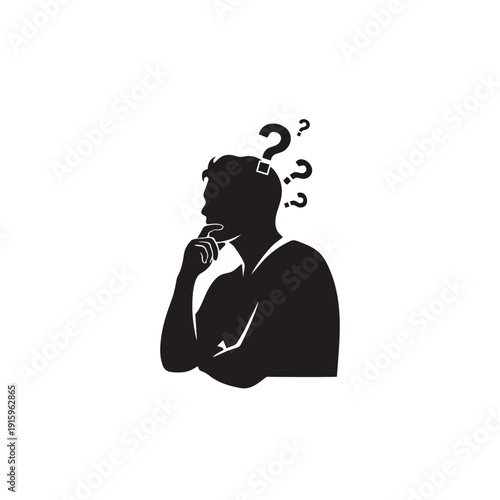 Pensive man with questioning expression and thought bubbles, deep in contemplation, eps illustration, vector graphic