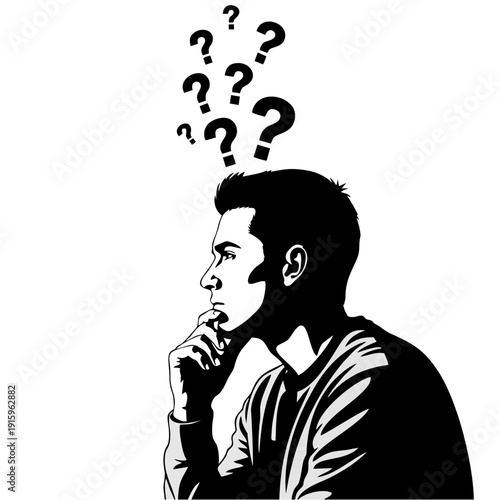 Man Contemplating with Question Marks Above, Lost in Thought, Pensive Man with Questionable Thoughts