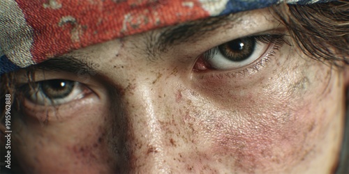 Close-up portrait of a young man with freckles and a bandana on his face, intense gaze, emotive expression, detailed facial features, eye contact
