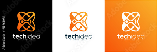 Modern letter X initial tech with network connection logo template. Abstract vector icon orange gradient. 
