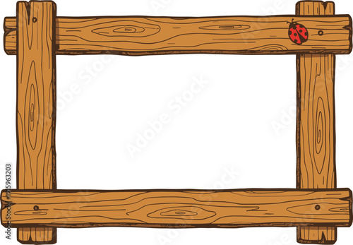 Rustic Wooden Plank Border Illustration with Red Ladybug Detail Hand Drawn Wood Grain Texture Frame for Nature Gardening Education and Autumn Background Design