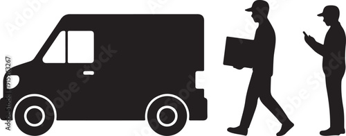 Courier Delivery Service Silhouette Van and Customer Parcel Handover Vector