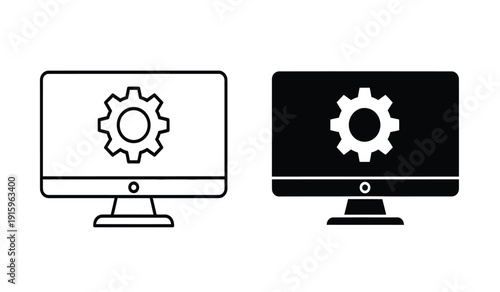 Two computer monitors with gear icons on screens in black and white