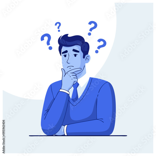 A contemplative man with question marks above his head, thinking deeply, surrounded by a simple background, depicted in a vector illustration, viewed from the front.