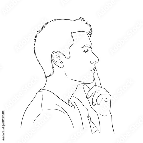 Man in contemplation, lost in thought, with hand on chin, depicted in a simple line art style, referencing w81.svg