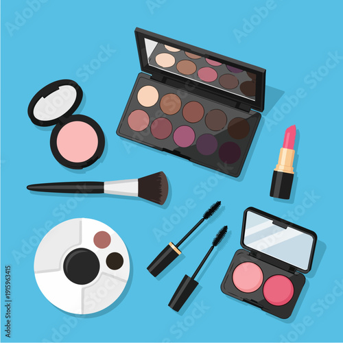 Assortment of makeup products and tools for beauty application.