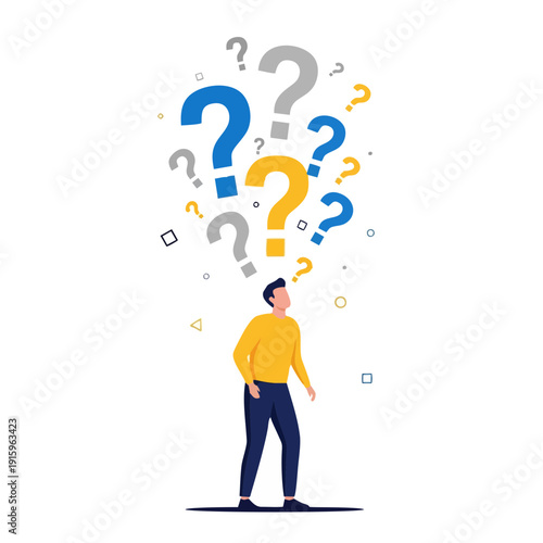 Man standing with question marks floating above his head, contemplating, thinking deeply, in a simple illustration style