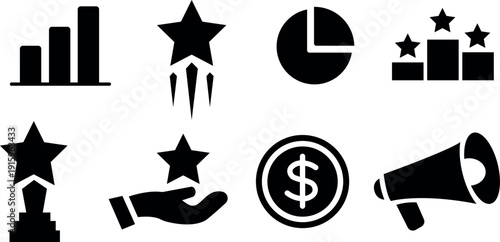 Collection of business and success icons in black and white
