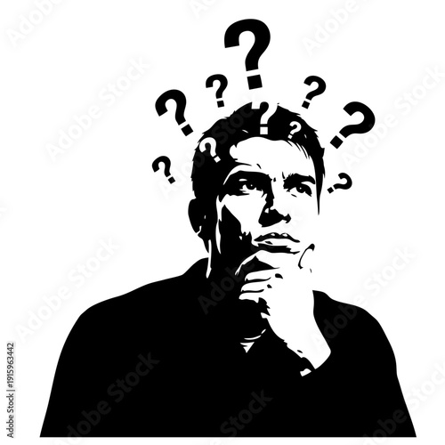 Man deep in thought surrounded by question marks floating above his head, contemplating ideas and questioning reality