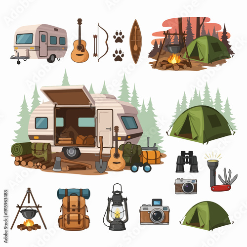 Camping equipment and recreational items collection.