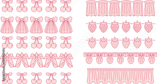 Pink line art vector set featuring coquette aesthetic elements like cherry bows strawberry garlands and frilly lace ribbons for decorative design.