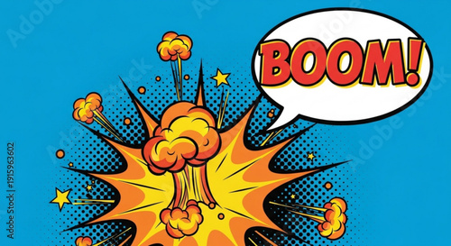 Vibrant comic explosion with boom speech bubble on blue background