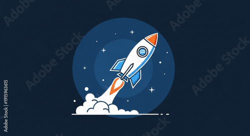 Rocket ship blasting off into starry night sky with smoke trail