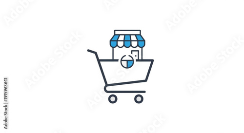 Shopping cart with store icon and blue awning e commerce concept online shopping illustration