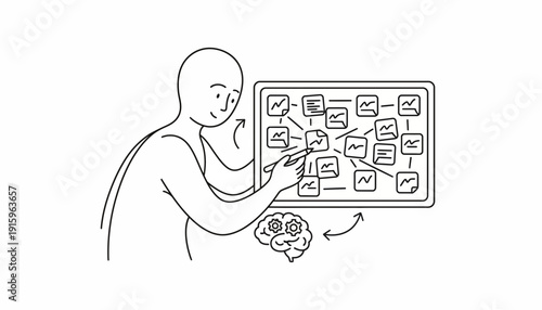 Person planning strategy on a mind map board with brain and gears icon