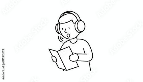 Person wearing headphones reading a book and speaking, concept of audiobook or online learning