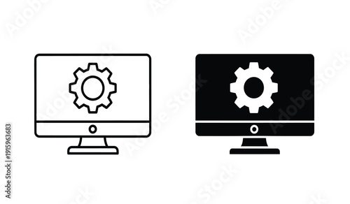 Two computer monitors with gear icons on screens in black and white