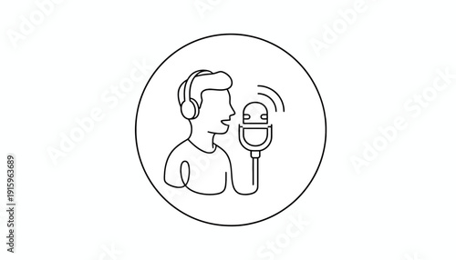 Person Speaking into Microphone with Headphones, Audio Recording Icon
