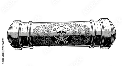Pirate Cannon Barrel with Skull and Crossbones Emblem