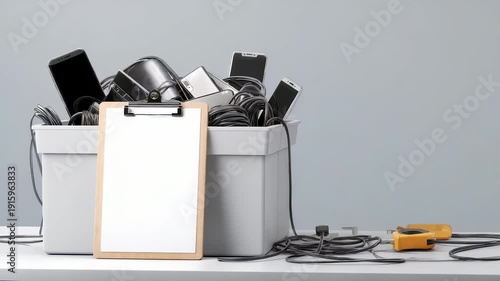 A plastic bin filled with various old electronic devices, tangled cables, and gadgets sits on a white table next to a blank clipboard and a measuring tape. The background is a plain light gray wall