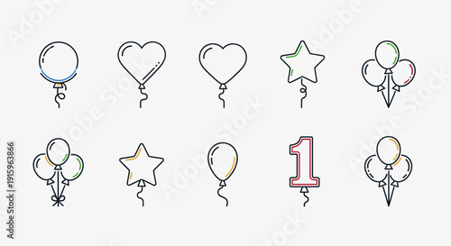Set of 10 Balloon Icons: Round, Heart, Star Shapes, Number 1, and Bunches