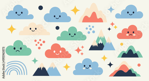 Cute Cartoon Clouds and Mountains Vector Set