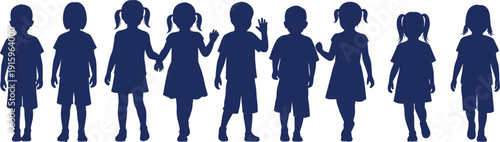 Children silhouettes standing in row, boys and girls together, casual clothing, diversity, childhood group, education, teamwork, friendship, unity illustration concept
